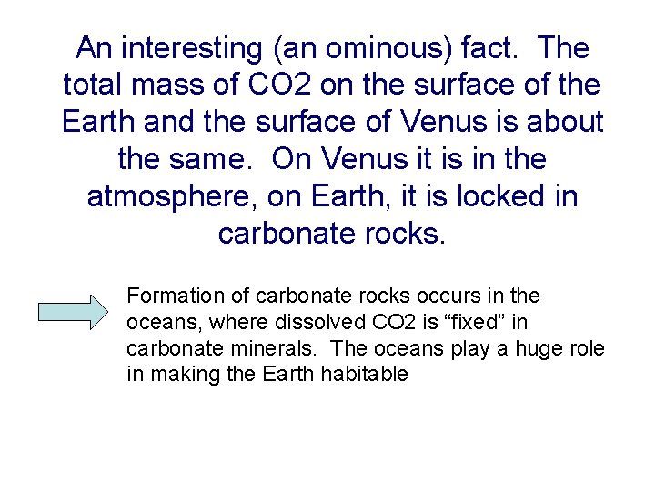 An interesting (an ominous) fact. The total mass of CO 2 on the surface An interesting (an ominous) fact. The total mass of CO 2 on the surface