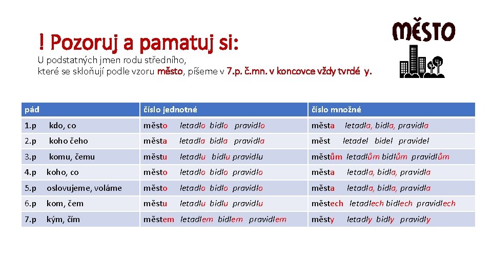 ! Pozoruj a pamatuj si: U podstatných jmen rodu středního, které se skloňují podle