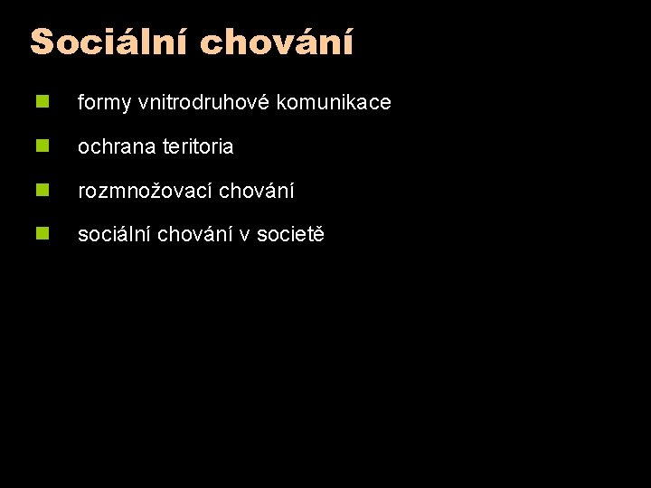 Sociální chování n formy vnitrodruhové komunikace n ochrana teritoria n rozmnožovací chování n sociální