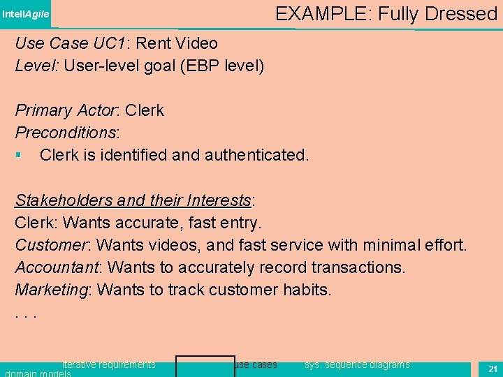 EXAMPLE: Fully Dressed Intell. Agile Use Case UC 1: Rent Video Level: User-level goal