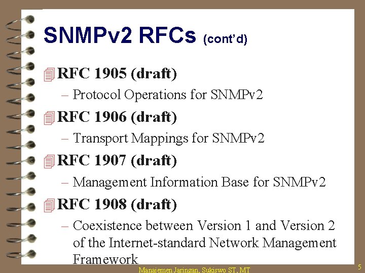 SNMPv 2 RFCs (cont’d) 4 RFC 1905 (draft) – Protocol Operations for SNMPv 2