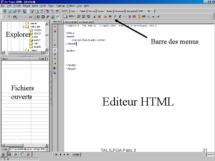 Explorer Fichiers ouverts Barre des menus Editeur HTML TAL ILPGA Paris 3 31 