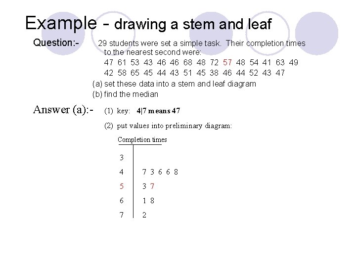 Example - drawing a stem and leaf Question: - 29 students were set a