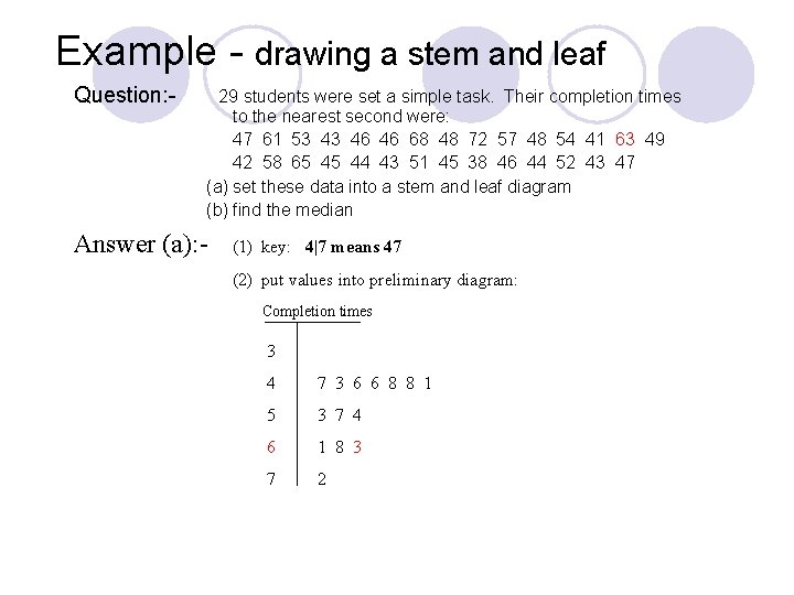 Example - drawing a stem and leaf Question: - 29 students were set a