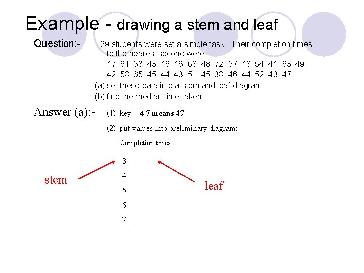 Example - drawing a stem and leaf Question: - 29 students were set a