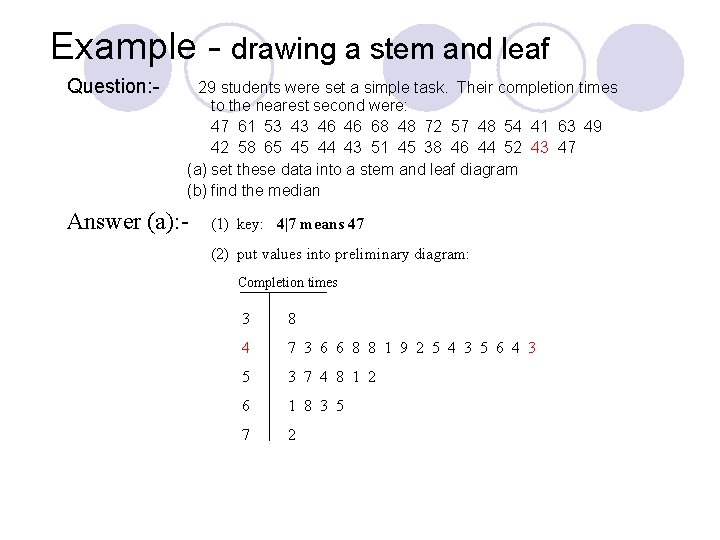 Example - drawing a stem and leaf Question: - 29 students were set a