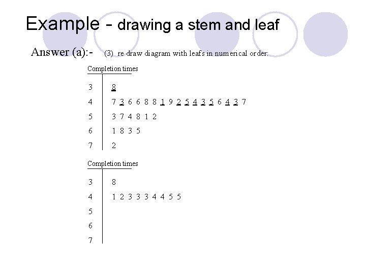 Example - drawing a stem and leaf Answer (a): - (3) re draw diagram