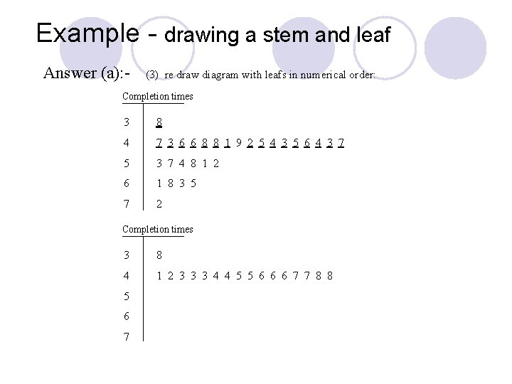 Example - drawing a stem and leaf Answer (a): - (3) re draw diagram