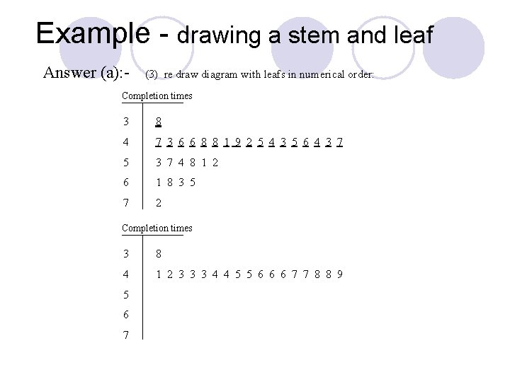 Example - drawing a stem and leaf Answer (a): - (3) re draw diagram