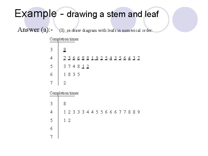 Example - drawing a stem and leaf Answer (a): - (3) re draw diagram