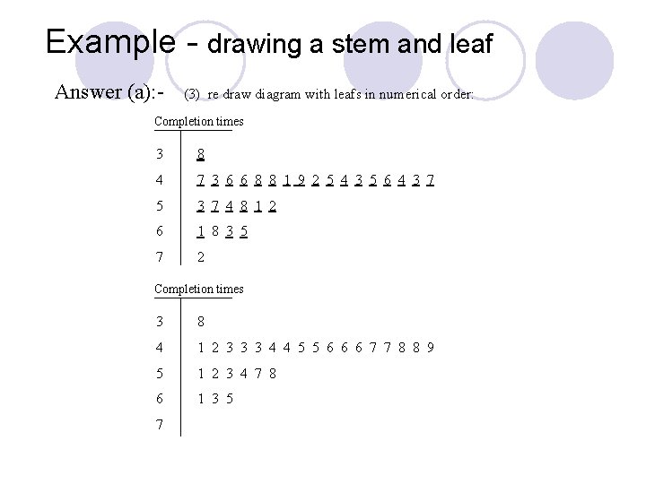 Example - drawing a stem and leaf Answer (a): - (3) re draw diagram