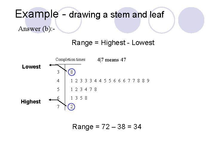 Example - drawing a stem and leaf Answer (b): Range = Highest - Lowest