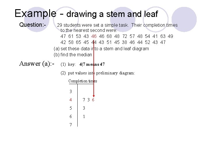 Example - drawing a stem and leaf Question: - 29 students were set a