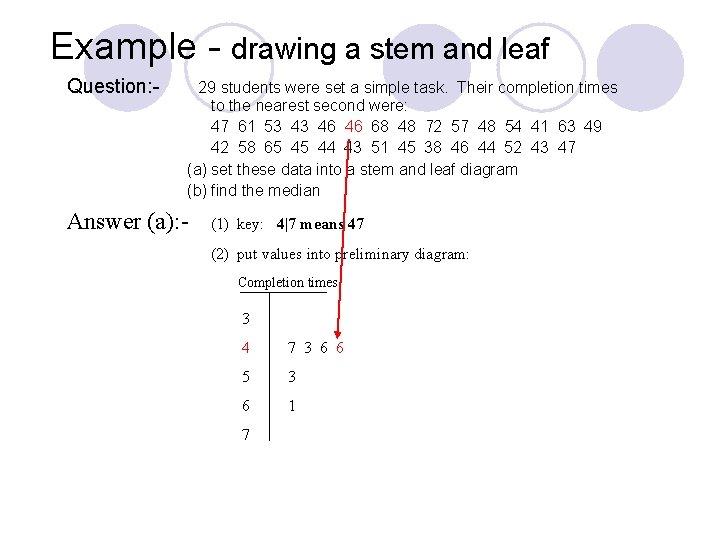 Example - drawing a stem and leaf Question: - 29 students were set a