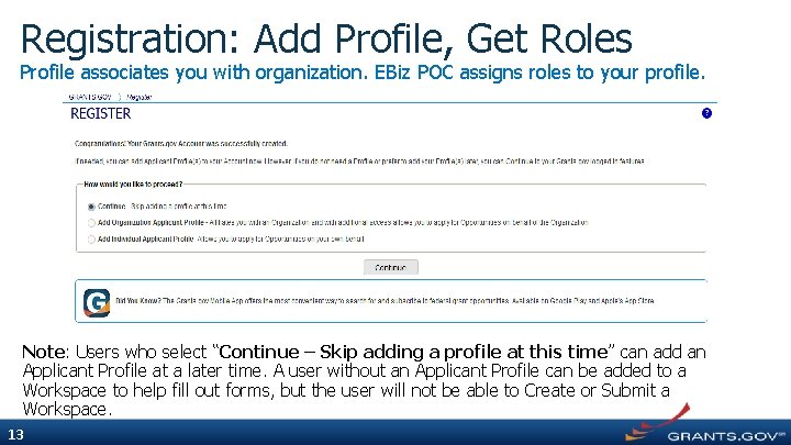Registration: Add Profile, Get Roles Profile associates you with organization. EBiz POC assigns roles