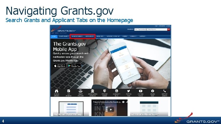 Navigating Grants. gov Search Grants and Applicant Tabs on the Homepage 4 
