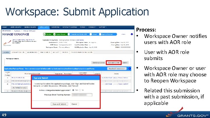 Workspace: Submit Application Process: • Workspace Owner notifies users with AOR role • User