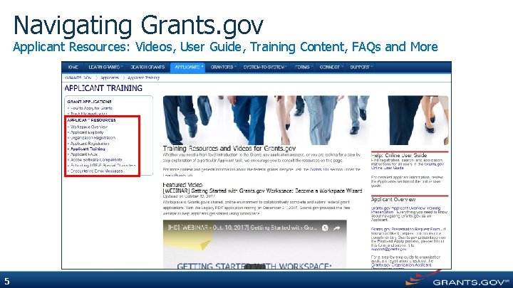 Navigating Grants. gov Applicant Resources: Videos, User Guide, Training Content, FAQs and More 5