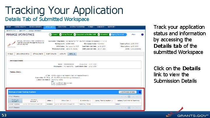 Tracking Your Application Details Tab of Submitted Workspace Track your application status and information