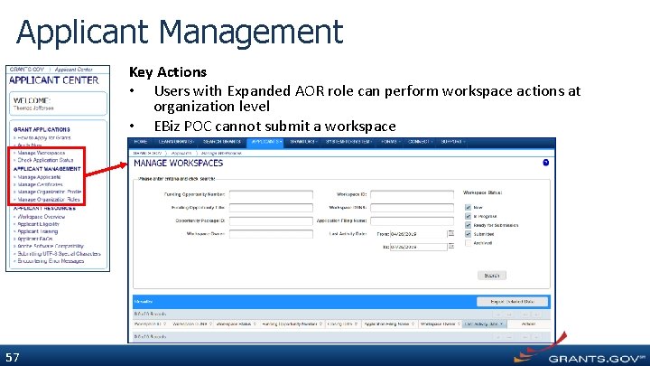 Applicant Management Key Actions • Users with Expanded AOR role can perform workspace actions