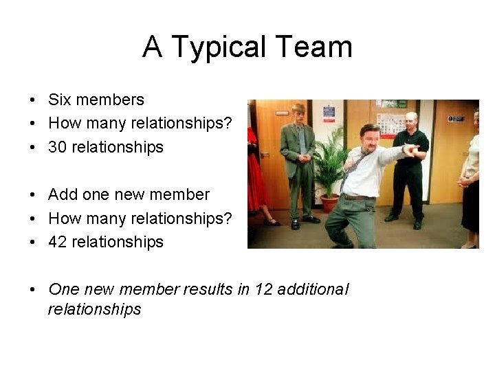 A Typical Team • Six members • How many relationships? • 30 relationships •