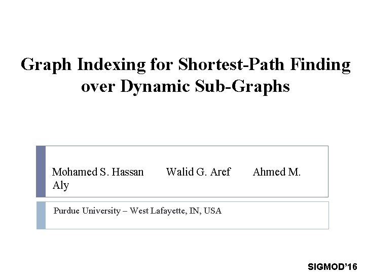 Graph Indexing for Shortest-Path Finding over Dynamic Sub-Graphs Mohamed S. Hassan Aly Walid G.