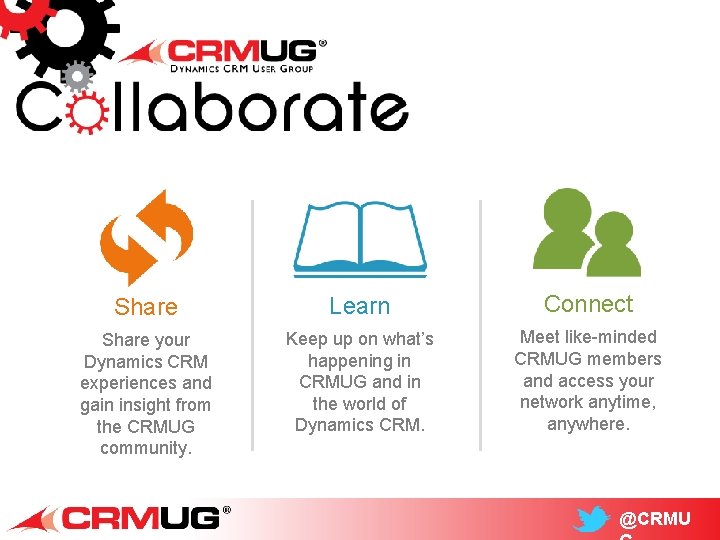 Share Learn Connect Share your Dynamics CRM experiences and gain insight from the CRMUG