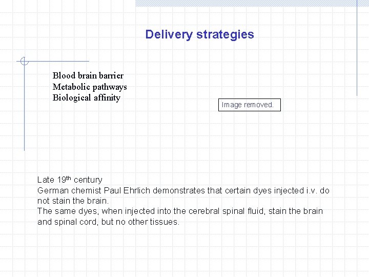 Delivery strategies Blood brain barrier Metabolic pathways Biological affinity Image removed. Late 19 th