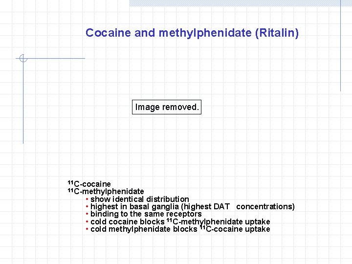 Cocaine and methylphenidate (Ritalin) Image removed. 11 C-cocaine 11 C-methylphenidate • show identical distribution