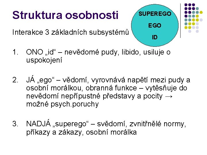 Struktura osobnosti Interakce 3 základních subsystémů SUPEREGO ID 1. ONO „id“ – nevědomé pudy,