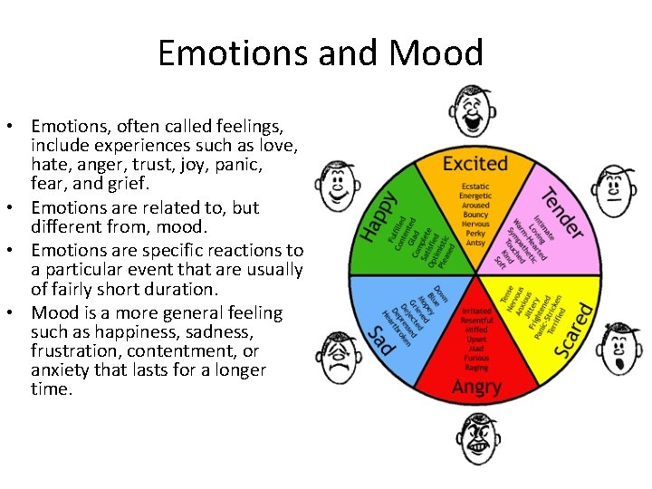 Emotions and Mood • Emotions, often called feelings, include experiences such as love, hate,