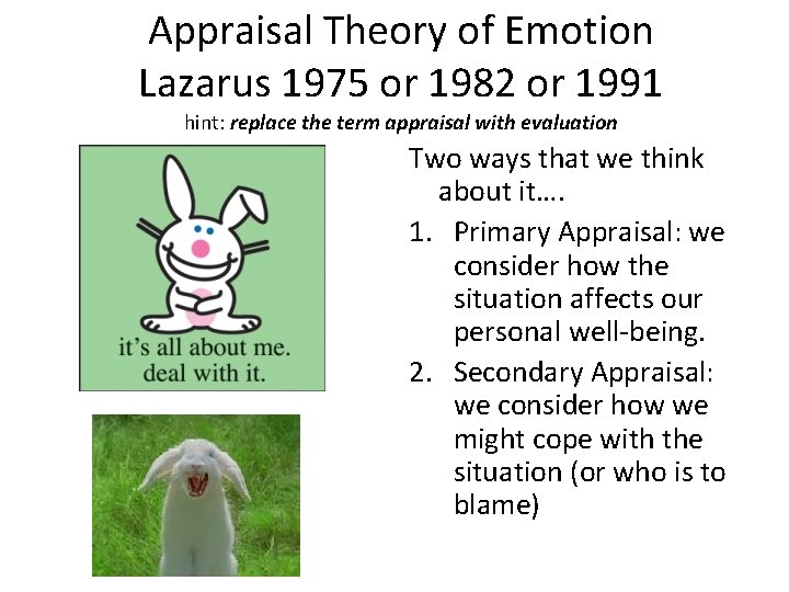Appraisal Theory of Emotion Lazarus 1975 or 1982 or 1991 hint: replace the term