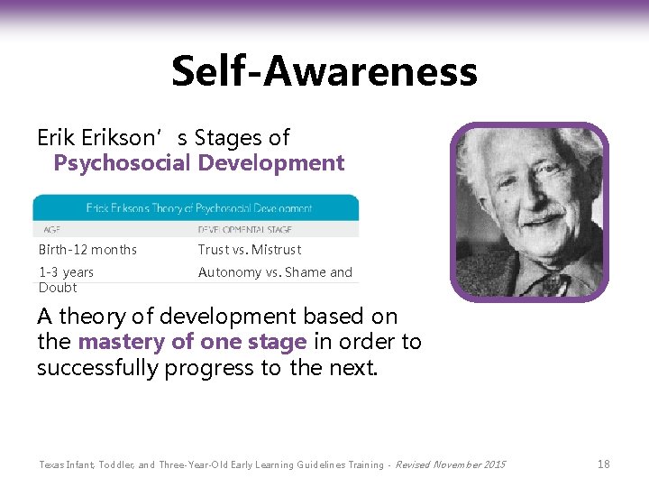 Self-Awareness Erikson’s Stages of Psychosocial Development Birth-12 months Trust vs. Mistrust 1 -3 years
