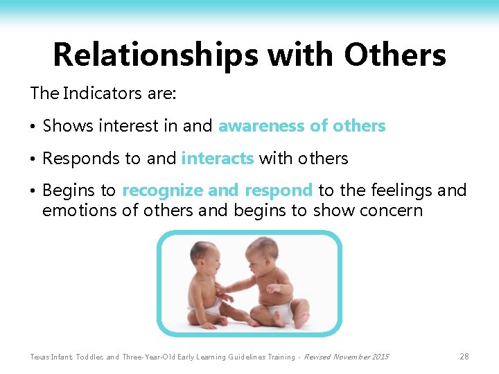 Relationships with Others The Indicators are: • Shows interest in and awareness of others