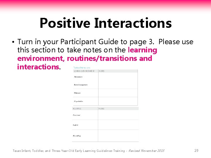 Positive Interactions • Turn in your Participant Guide to page 3. Please use this