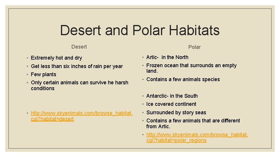 Desert and Polar Habitats Desert Polar ◦ Extremely hot and dry ◦ Artic- in