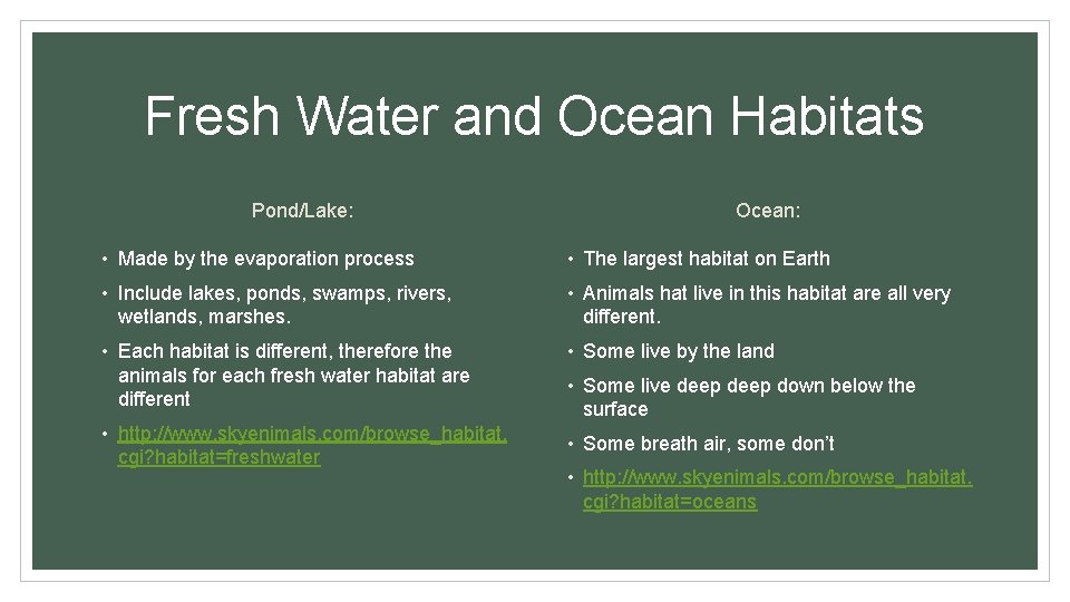 Fresh Water and Ocean Habitats Pond/Lake: Ocean: • Made by the evaporation process •