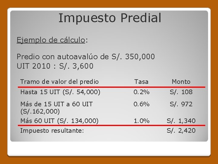 Impuesto Predial Ejemplo de cálculo: Predio con autoavalúo de S/. 350, 000 UIT 2010