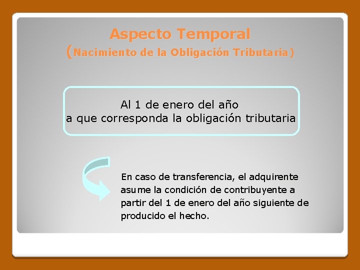 Aspecto Temporal (Nacimiento de la Obligación Tributaria) Al 1 de enero del año a