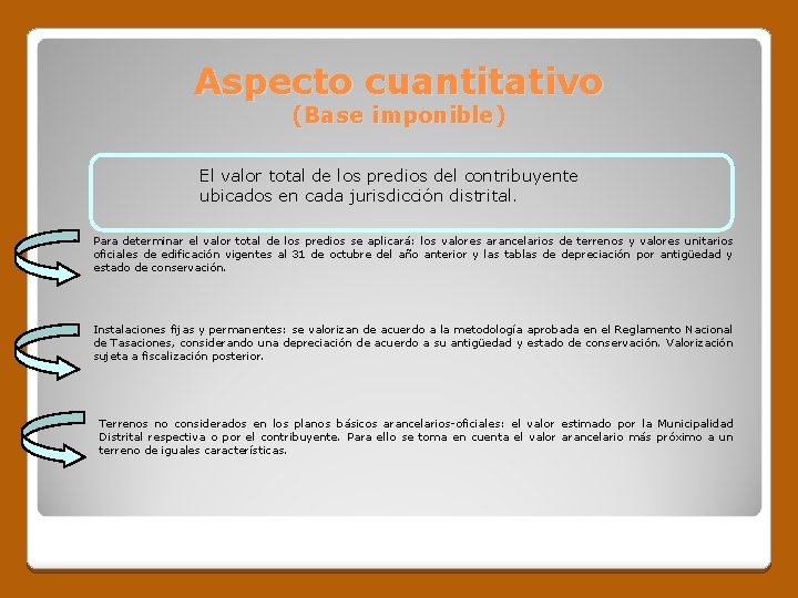 Aspecto cuantitativo (Base imponible) El valor total de los predios del contribuyente ubicados en