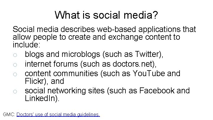What is social media? Social media describes web-based applications that allow people to create
