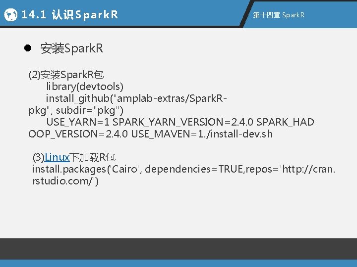 14. 1 认识Spark. R 第十四章 Spark. R l 安装Spark. R (2)安装Spark. R包 library(devtools) install_github("amplab-extras/Spark.