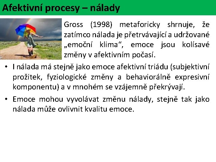 Afektivní procesy – nálady • Gross (1998) metaforicky shrnuje, že zatímco nálada je přetrvávající