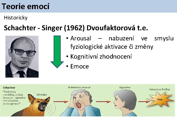 Teorie emocí Historicky Schachter - Singer (1962) Dvoufaktorová t. e. • Arousal – nabuzení