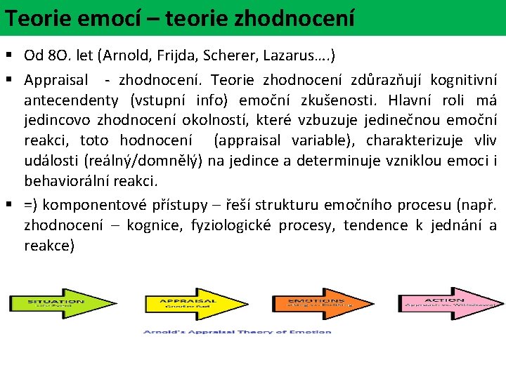 Teorie emocí – teorie zhodnocení § Od 8 O. let (Arnold, Frijda, Scherer, Lazarus….