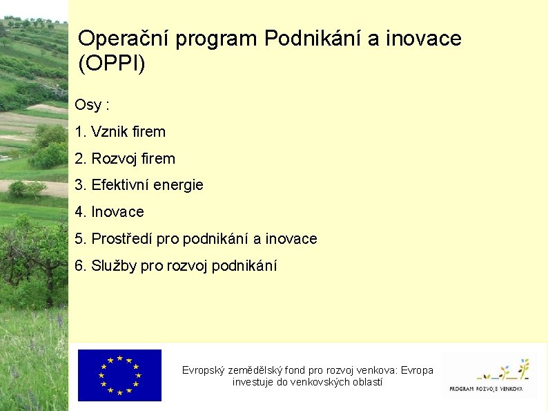 Operační program Podnikání a inovace (OPPI) Osy : 1. Vznik firem 2. Rozvoj firem