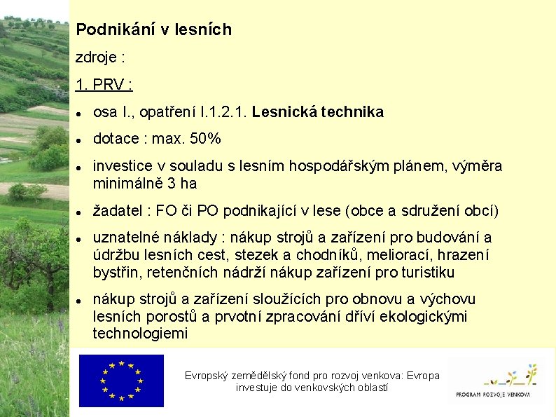 Podnikání v lesních zdroje : 1. PRV : osa I. , opatření I. 1.