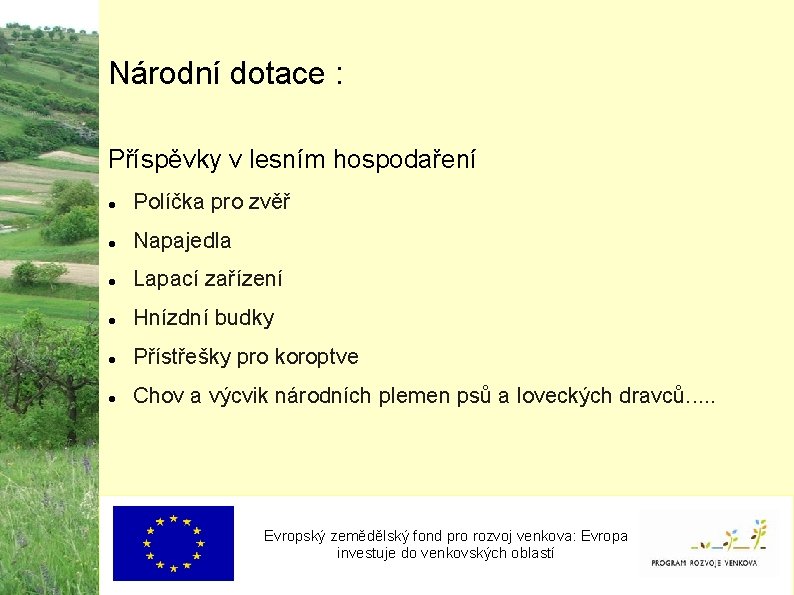 Národní dotace : Příspěvky v lesním hospodaření Políčka pro zvěř Napajedla Lapací zařízení Hnízdní