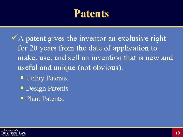 Patents üA patent gives the inventor an exclusive right for 20 years from the