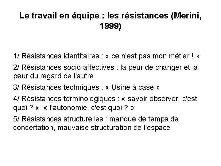 Le travail en équipe : les résistances (Merini, 1999) 1/ Résistances identitaires : «